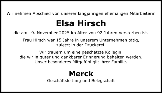 Traueranzeige von Elsa Hirsch von Darmstädter Echo