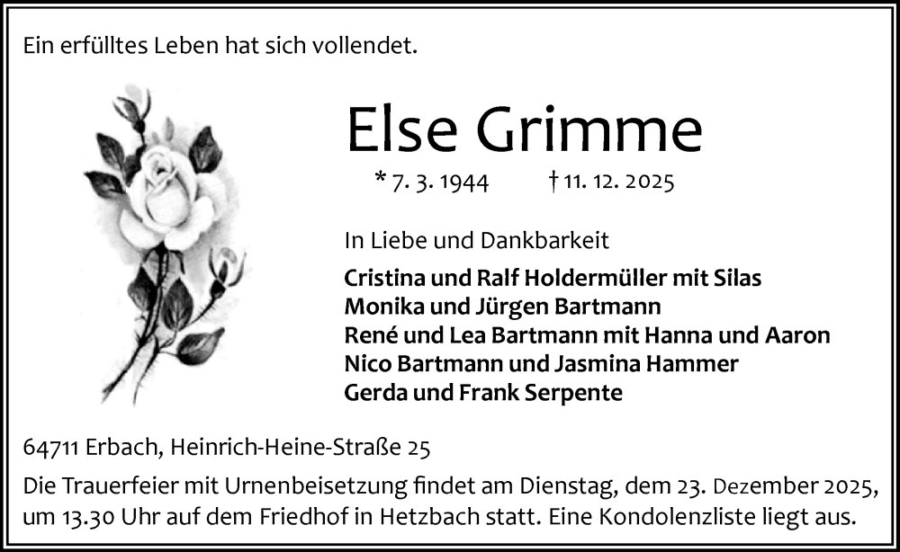  Traueranzeige für Else Grimme vom 13.12.2025 aus Odenwälder Echo