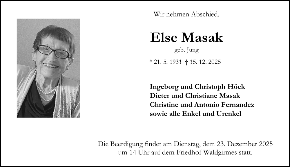  Traueranzeige für Else Masak vom 19.12.2025 aus Wetzlarer Neue Zeitung