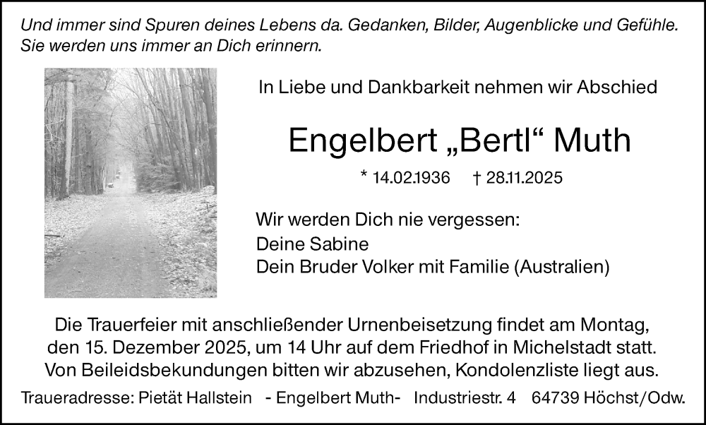  Traueranzeige für Engelbert Muth vom 06.12.2025 aus Odenwälder Echo