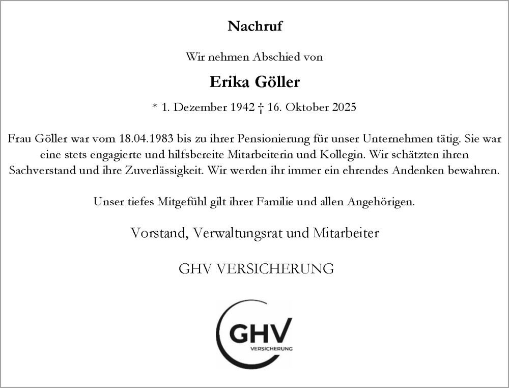  Traueranzeige für Erika Göller vom 20.12.2025 aus Darmstädter Echo
