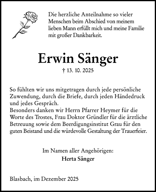 Traueranzeige von Erwin Sänger von Wetzlarer Neue Zeitung