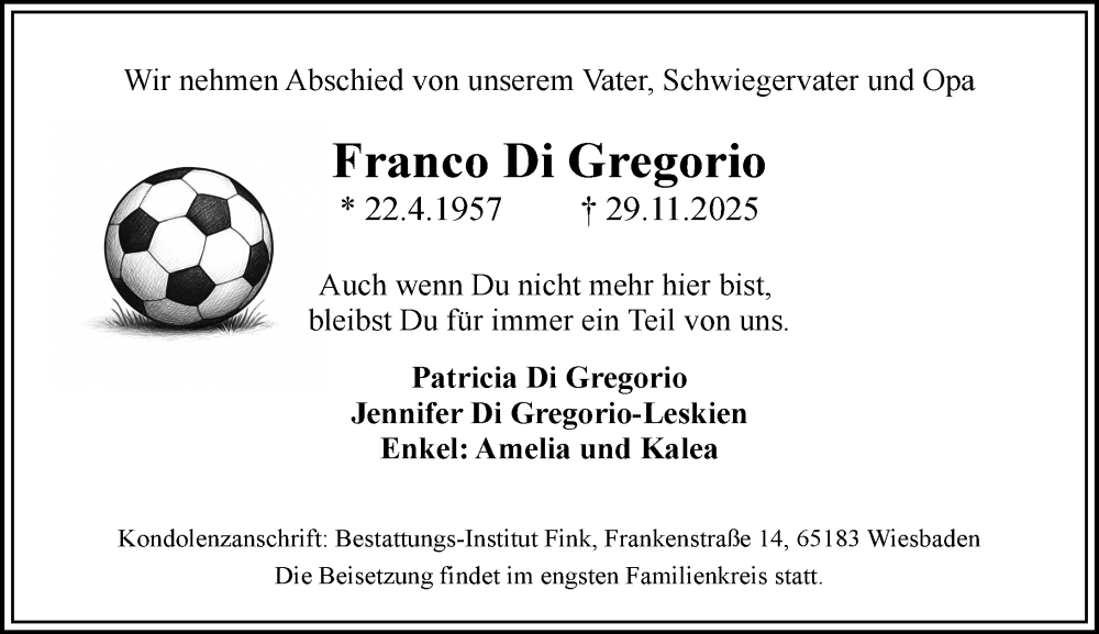  Traueranzeige für Franco Di Gregorio vom 06.12.2025 aus Wiesbadener Kurier