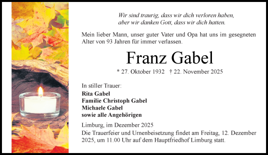 Traueranzeige von Franz Gabel von Nassauische Neue Presse
