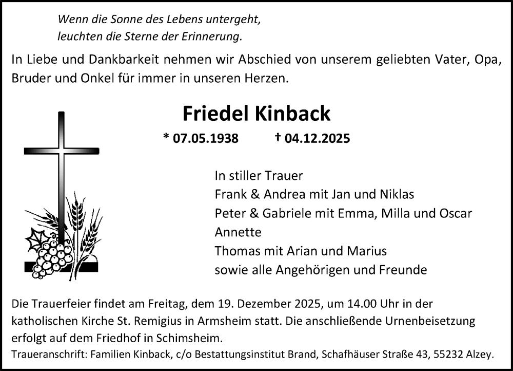  Traueranzeige für Friedel Kinback vom 13.12.2025 aus Allgemeine Zeitung Alzey