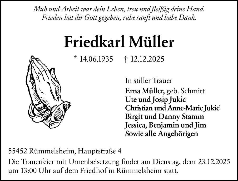  Traueranzeige für Friedkarl Müller vom 20.12.2025 aus Allgemeine Zeitung Rheinhessen-Nahe