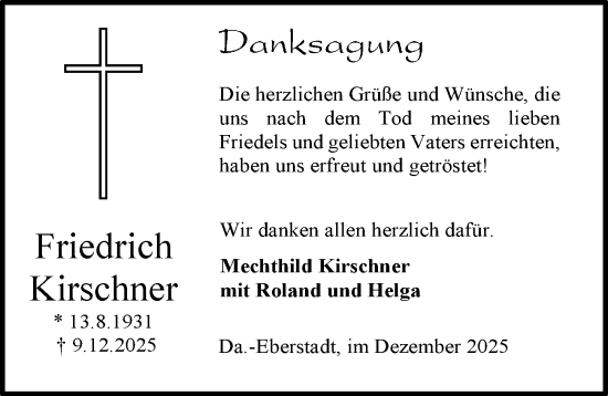 Traueranzeige von Friedrich Kirschner von Darmstädter Echo