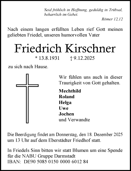 Traueranzeige von Friedrich Kirschner von Darmstädter Echo