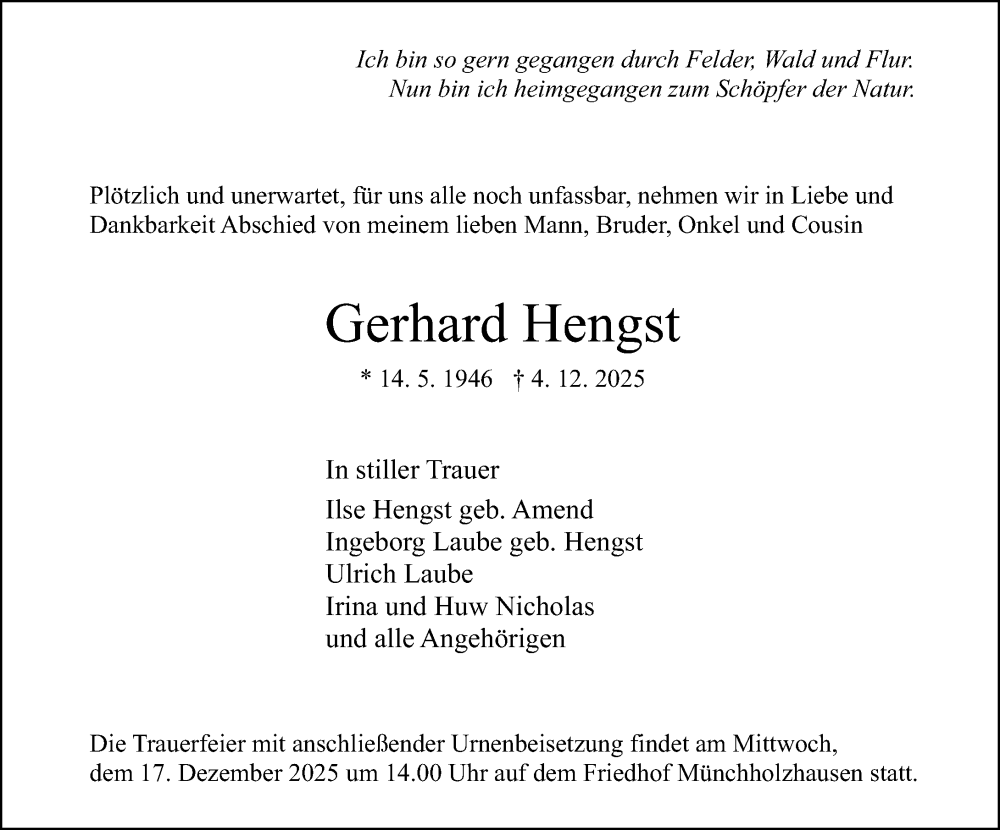  Traueranzeige für Gerhard Hengst vom 13.12.2025 aus Wetzlarer Neue Zeitung