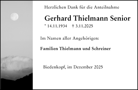 Traueranzeige von Gerhard Thielmann von Hinterländer Anzeiger