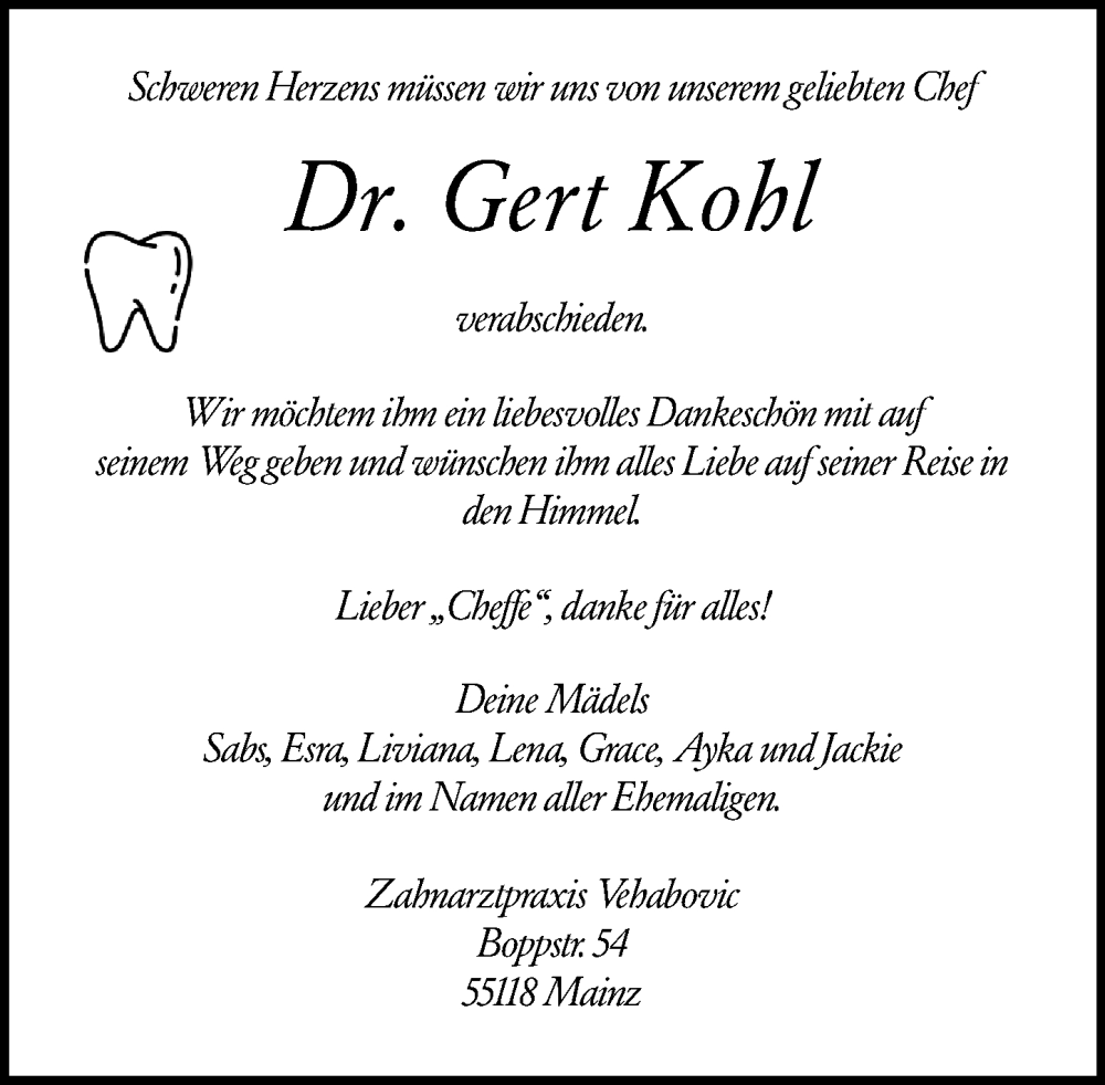  Traueranzeige für Gert Kohl vom 06.12.2025 aus Allgemeine Zeitung Mainz