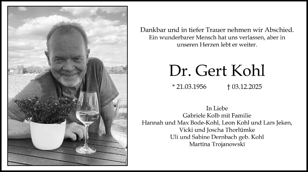  Traueranzeige für Gert Kohl vom 13.12.2025 aus Allgemeine Zeitung Mainz