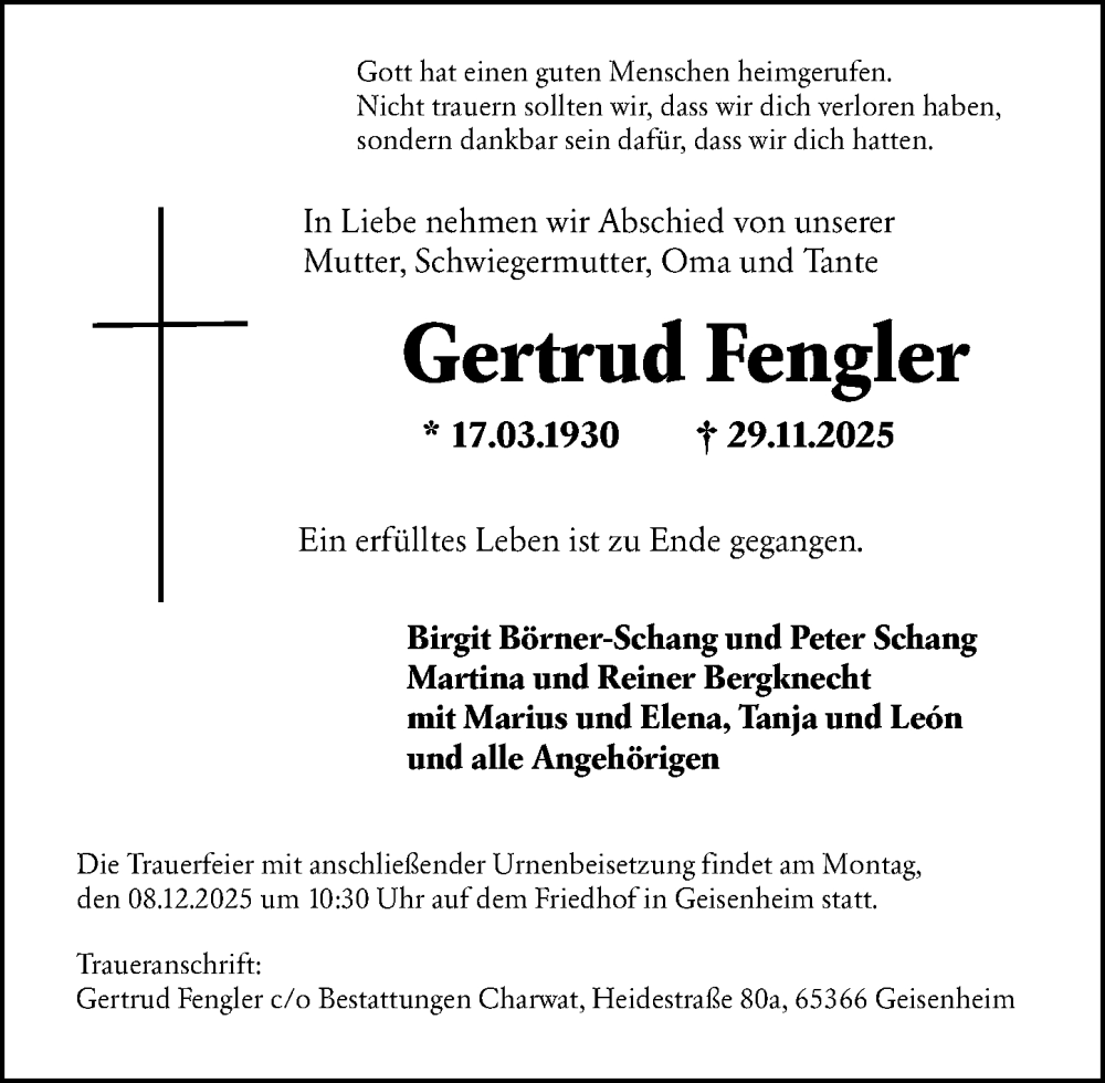  Traueranzeige für Gertrud Fengler vom 06.12.2025 aus Wiesbadener Kurier