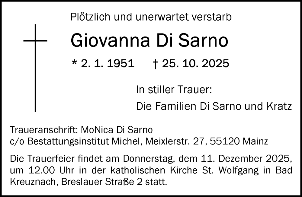  Traueranzeige für Giovanna Di Sarno vom 06.12.2025 aus Allgemeine Zeitung Rheinhessen-Nahe