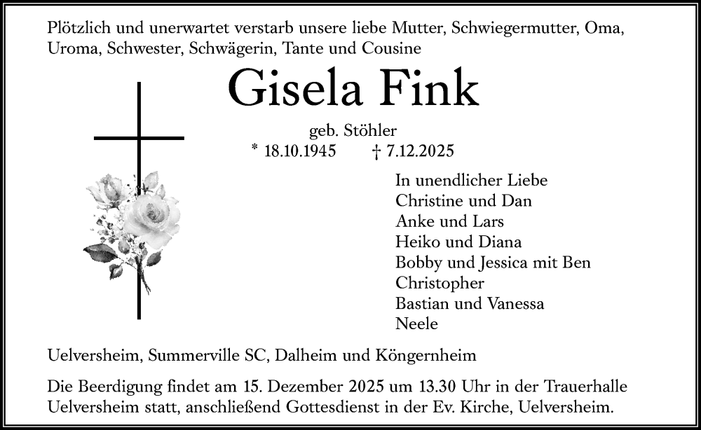  Traueranzeige für Gisela Fink vom 11.12.2025 aus Allgemeine Zeitung Mainz