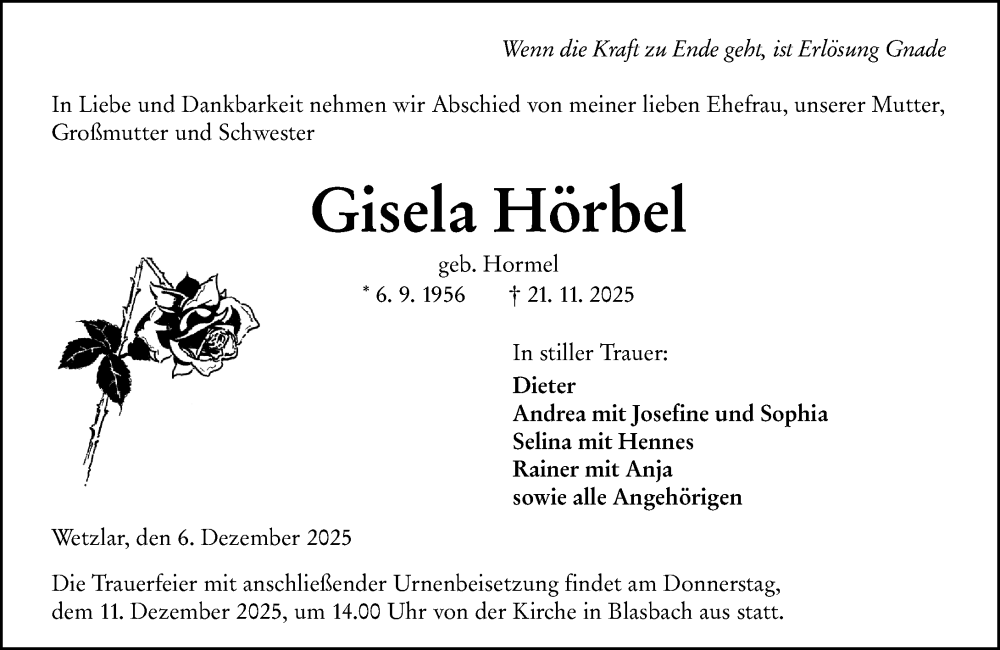  Traueranzeige für Gisela Hörbel vom 06.12.2025 aus Wetzlarer Neue Zeitung
