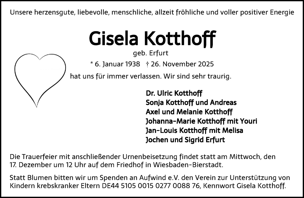  Traueranzeige für Gisela Kotthoff vom 06.12.2025 aus Wiesbadener Kurier