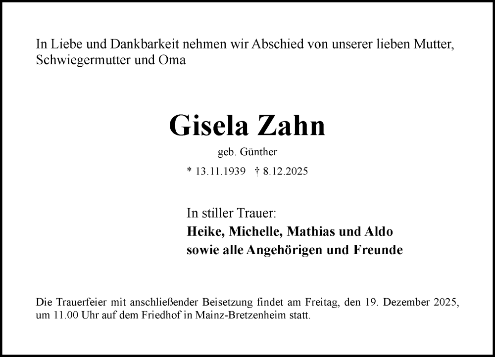  Traueranzeige für Gisela Zahn vom 13.12.2025 aus Allgemeine Zeitung Mainz