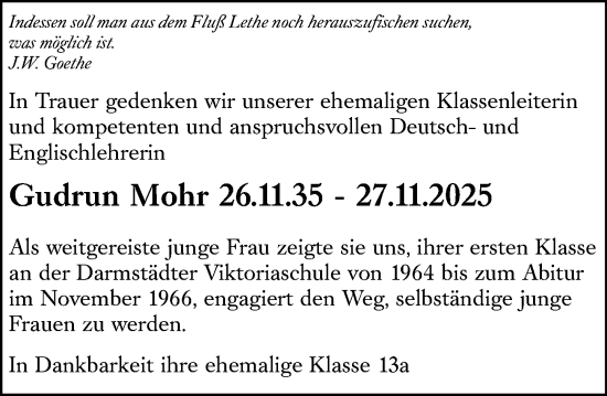 Traueranzeige von Gudrun Mohr von Darmstädter Echo