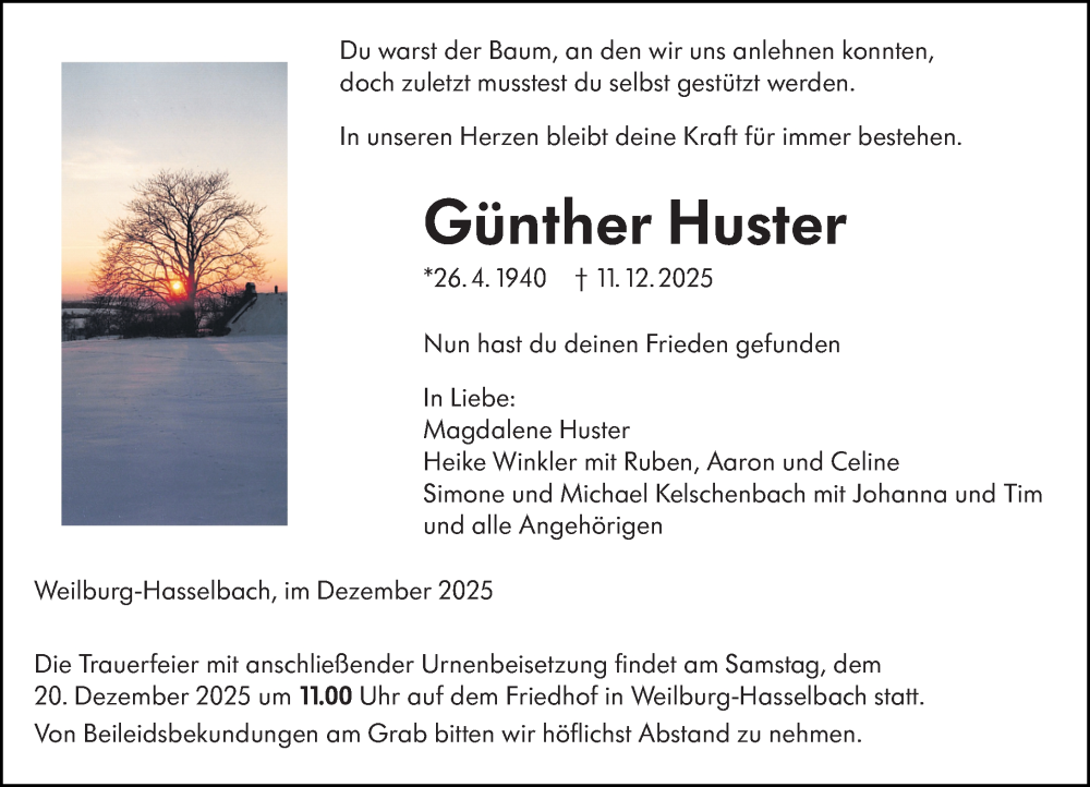  Traueranzeige für Günther Huster vom 17.12.2025 aus Weilburger Tageblatt