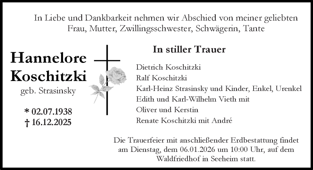  Traueranzeige für Hannelore Koschitzki vom 27.12.2025 aus Darmstädter Echo