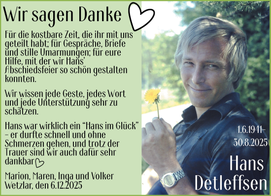 Traueranzeige von Hans Detleffsen von Wetzlarer Neue Zeitung