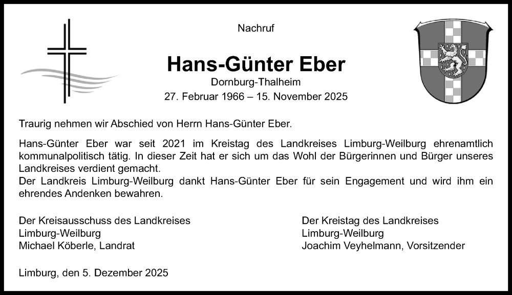  Traueranzeige für Hans-Günter Eber vom 05.12.2025 aus Weilburger Tageblatt