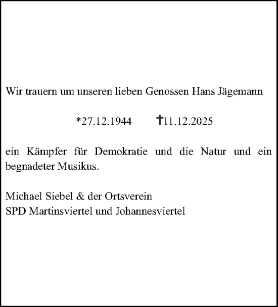 Traueranzeige von Hans Jägemann von Darmstädter Echo