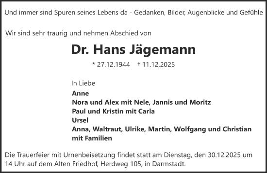 Traueranzeige von Hans Jägemann von Darmstädter Echo