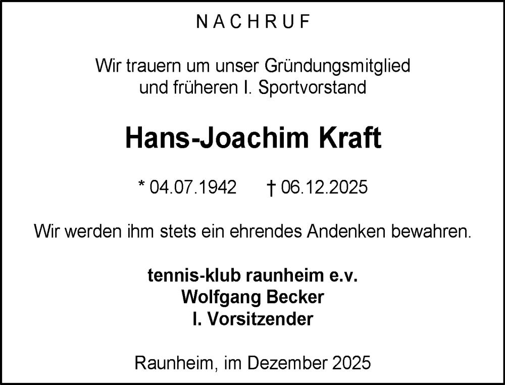  Traueranzeige für Hans-Joachim Kraft vom 20.12.2025 aus Rüsselsheimer Echo