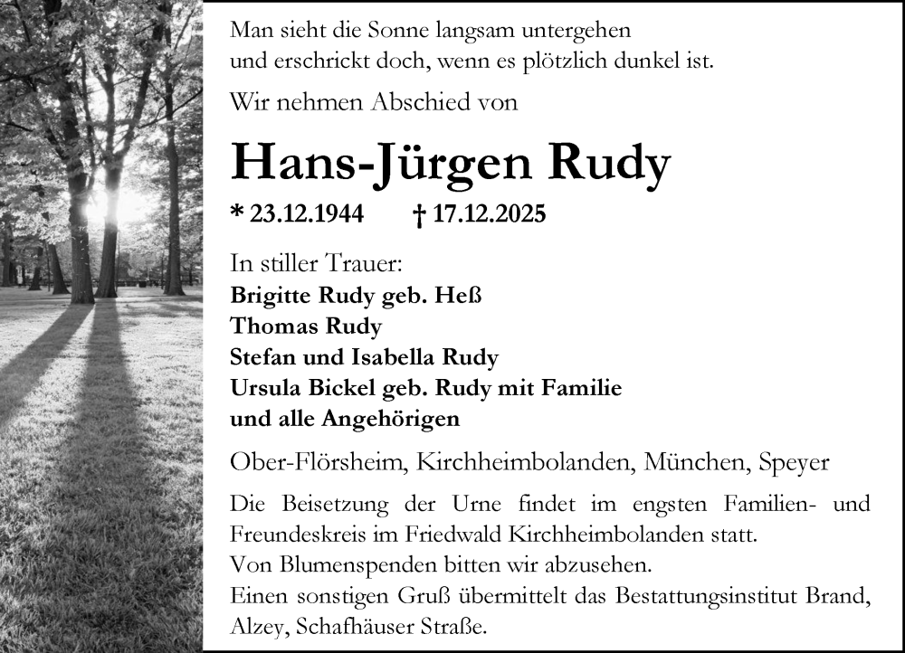  Traueranzeige für Hans-Jürgen Rudy vom 20.12.2025 aus Allgemeine Zeitung Alzey