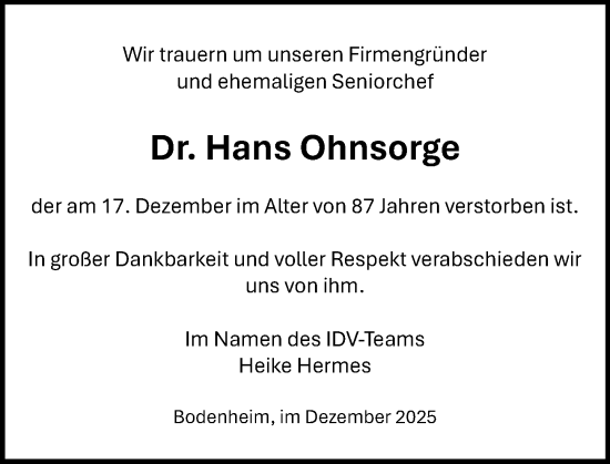 Traueranzeige von Hans Ohnsorge von Allgemeine Zeitung Mainz