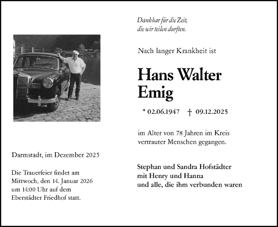 Traueranzeige von Hans Walter Emig von Darmstädter Echo