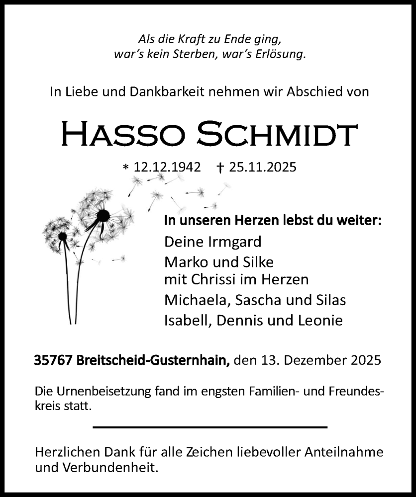  Traueranzeige für Hasso Schmidt vom 13.12.2025 aus Dill Block