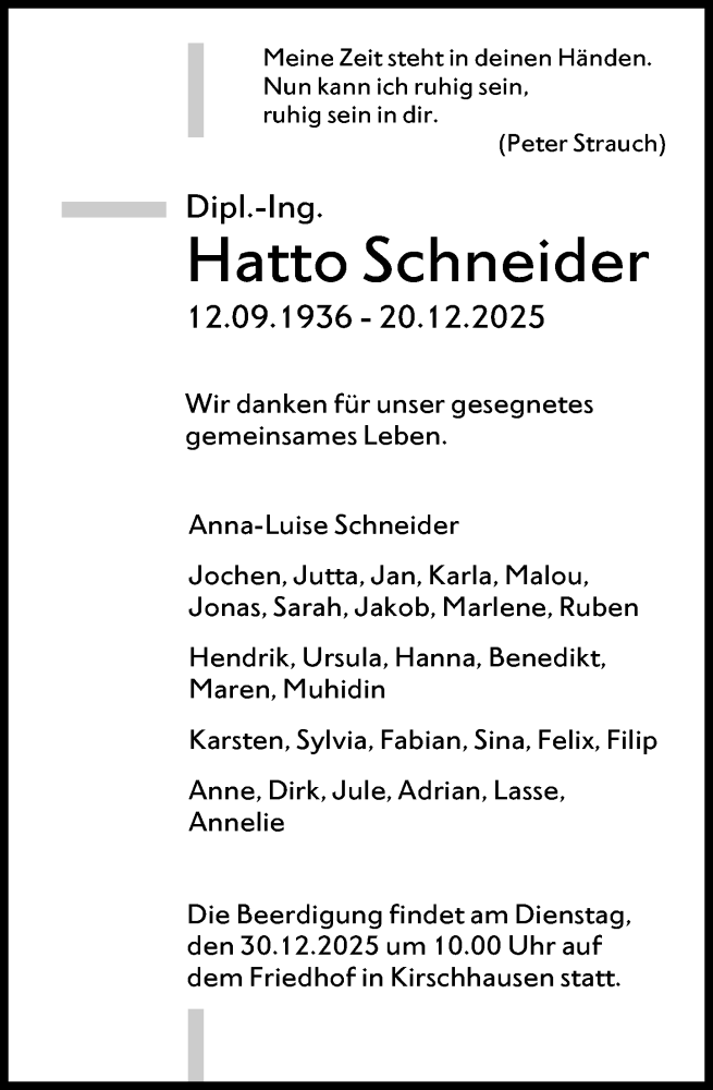  Traueranzeige für Hatto Schneider vom 27.12.2025 aus Starkenburger Echo