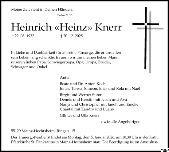 Traueranzeige von Heinrich Knerr von Allgemeine Zeitung Mainz