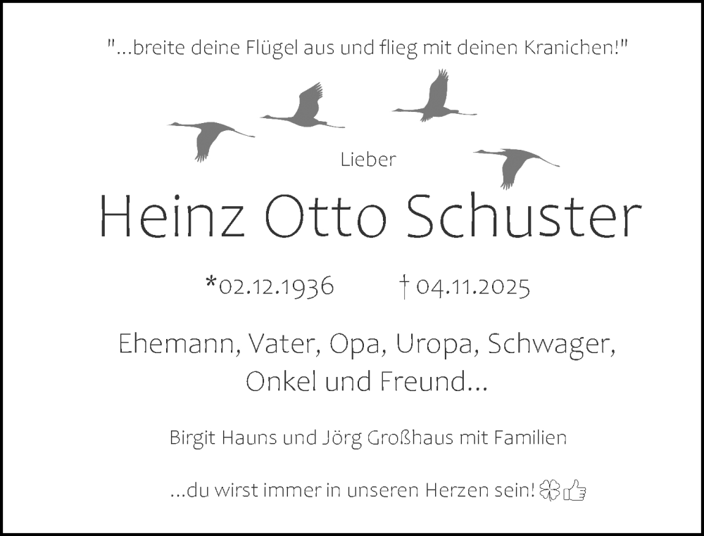  Traueranzeige für Heinz Otto Schuster vom 06.12.2025 aus Wetzlarer Neue Zeitung