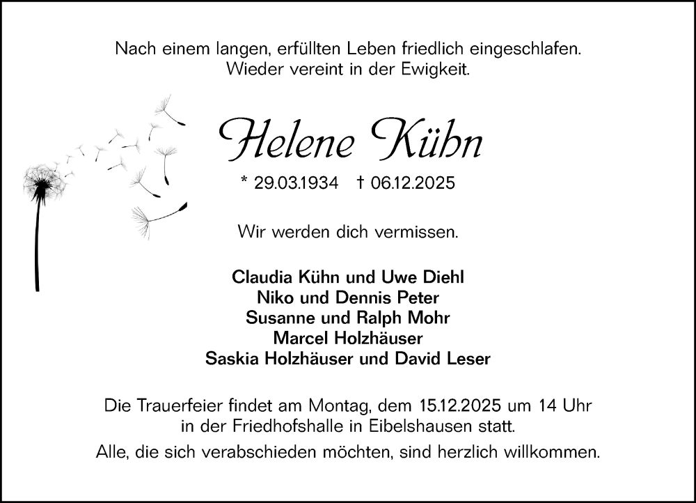  Traueranzeige für Helene Kühn vom 11.12.2025 aus Dill Block
