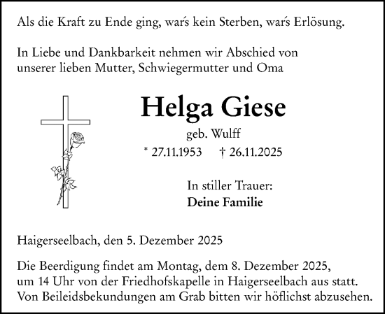 Traueranzeige von Helga Giese von Dill Block
