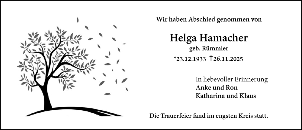  Traueranzeige für Helga Hamacher vom 27.12.2025 aus Darmstädter Echo