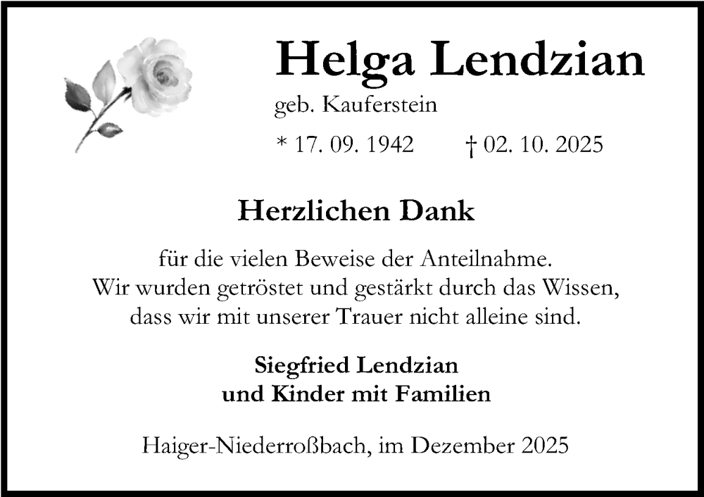  Traueranzeige für Helga Lendzian vom 03.12.2025 aus Dill Block