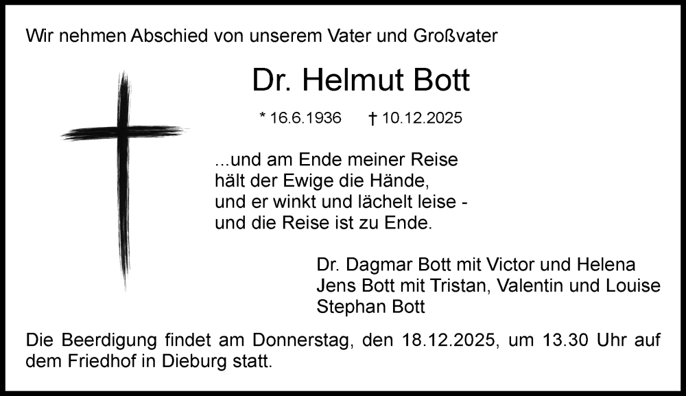  Traueranzeige für Helmut Bott vom 16.12.2025 aus Dieburger Anzeiger/Groß-Zimmerner Lokal-Anzeiger
