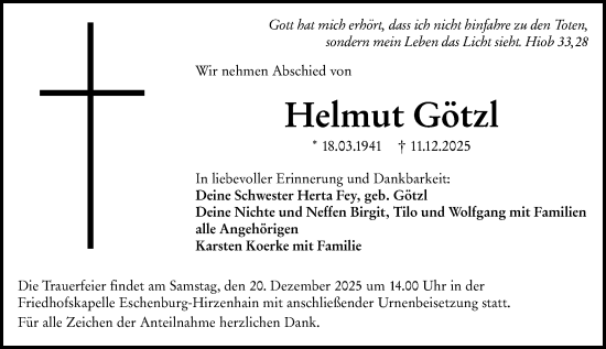 Traueranzeige von Helmut Götzl von Dill Block