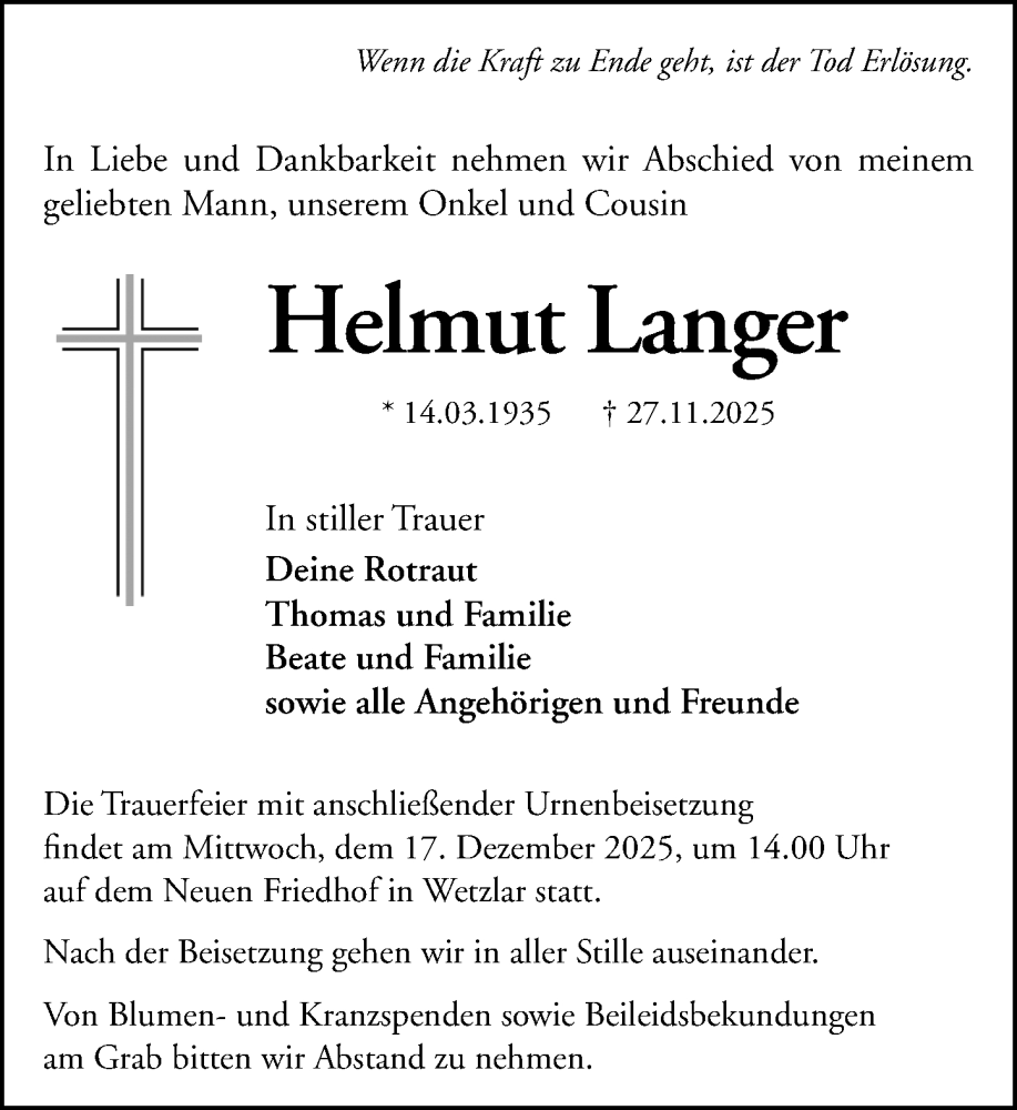  Traueranzeige für Helmut Langer vom 13.12.2025 aus Wetzlarer Neue Zeitung