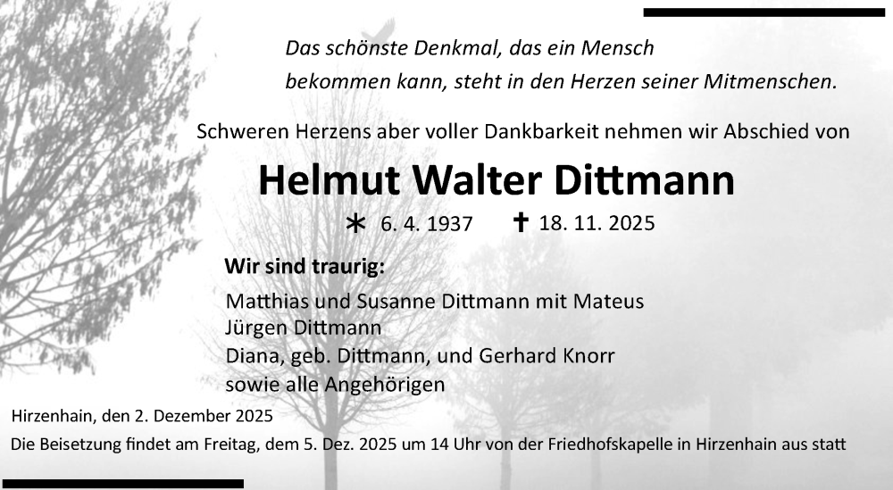  Traueranzeige für Helmut Walter Dittmann vom 02.12.2025 aus Dill Block