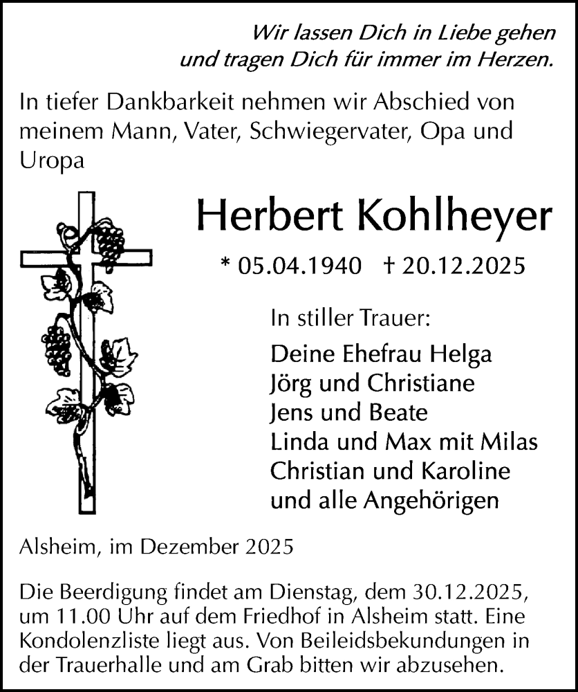  Traueranzeige für Herbert Kohlheyer vom 24.12.2025 aus Wormser Zeitung