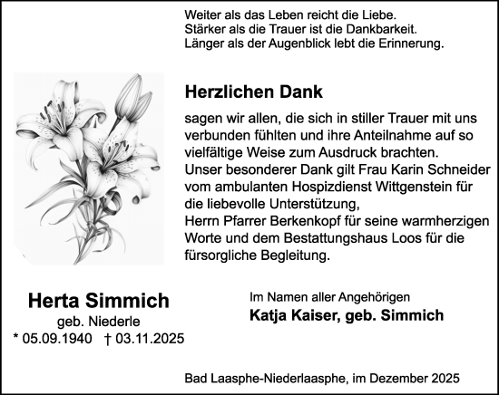 Traueranzeige von Herta Simmich von Hinterländer Anzeiger