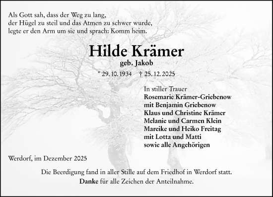 Traueranzeige von Hilde Krämer von Wetzlarer Neue Zeitung