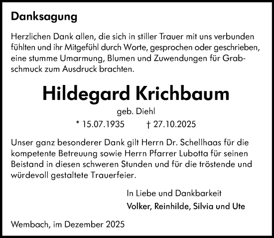 Traueranzeige von Hildegard Krichbaum von Darmstädter Echo