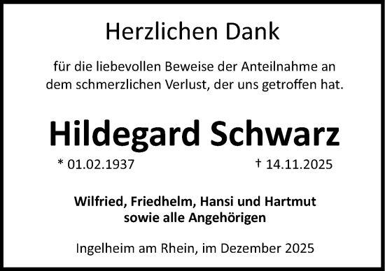 Traueranzeige von Hildegard Schwarz von Allgemeine Zeitung Rheinhessen-Nahe